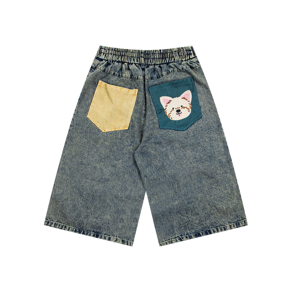 eprolo denim shorts with contrasting pockets: beige left and teal dog-face right, elastic waistband.