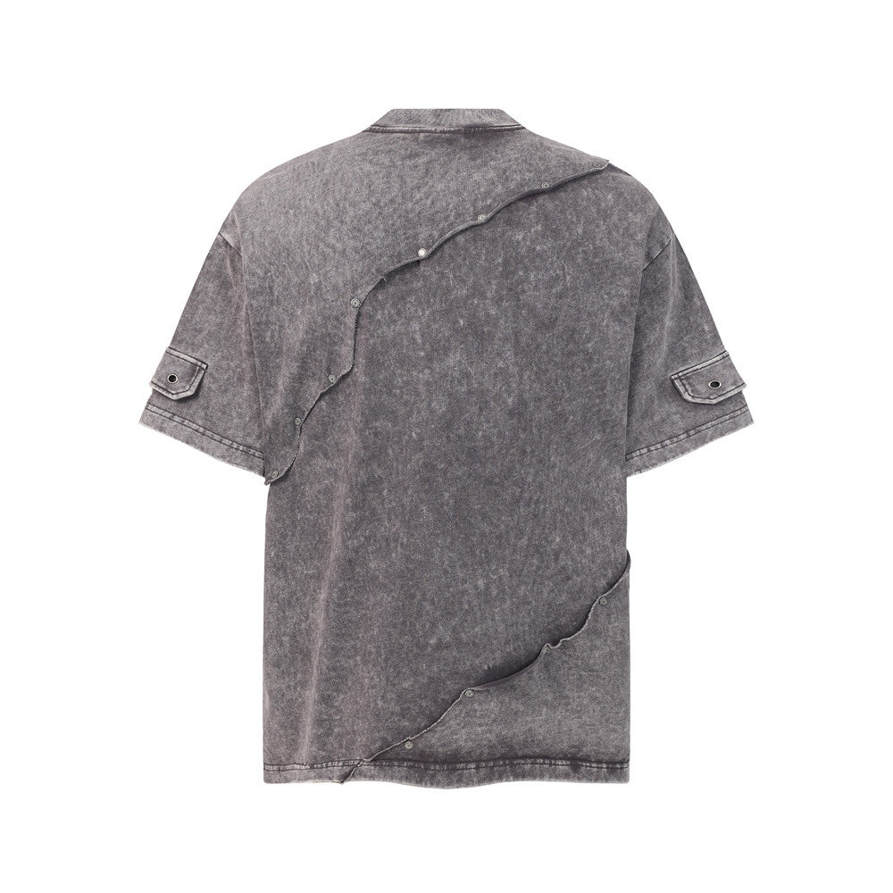 Washed gray short-sleeve T-shirt with diagonal back seam and curved bottom seam