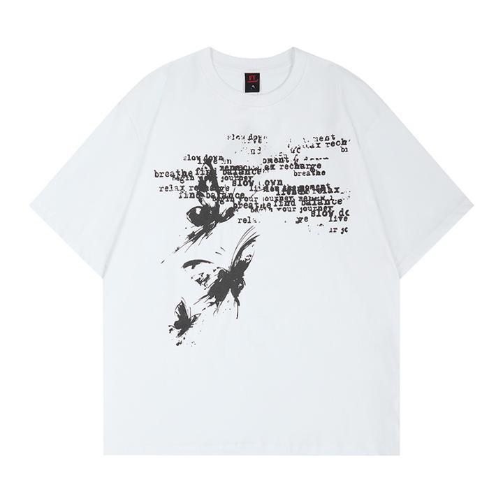 Washed butterfly printed short sleeved T-shirt