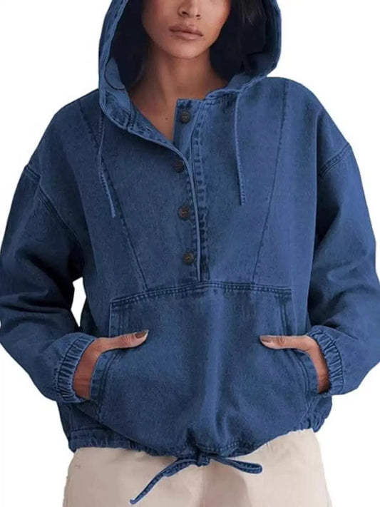 Casual hooded denim jacket with kangaroo pocket and drawstring hem in blue, by Trendsi.