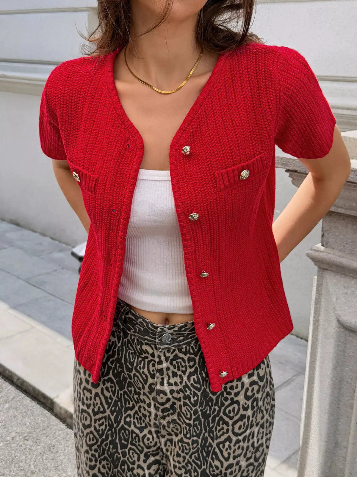 Button Down Short Sleeve Cardigan in red acrylic blend with gold buttons, layering top