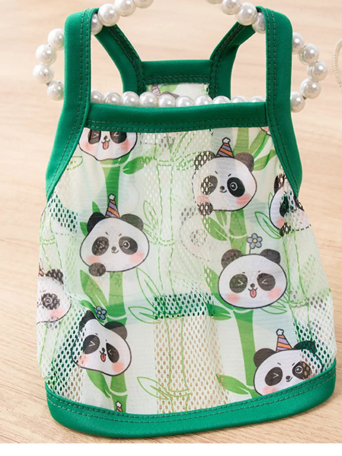 Breathable Mesh Pet Top green panda-print with mesh panels