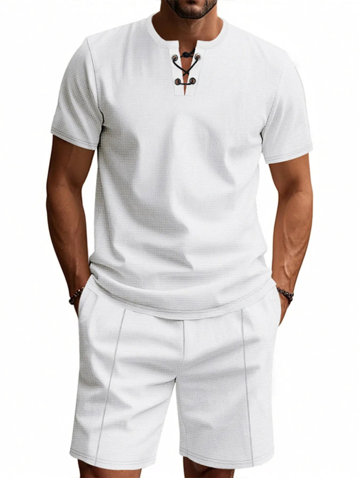 Men's plus-size white casual short-sleeve tee and pocketed shorts set by Trendsi