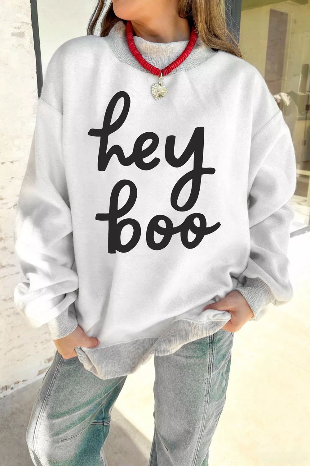 Trendsi reversible Halloween graphic mock-neck tunic sweatshirt in light gray with black hey boo print