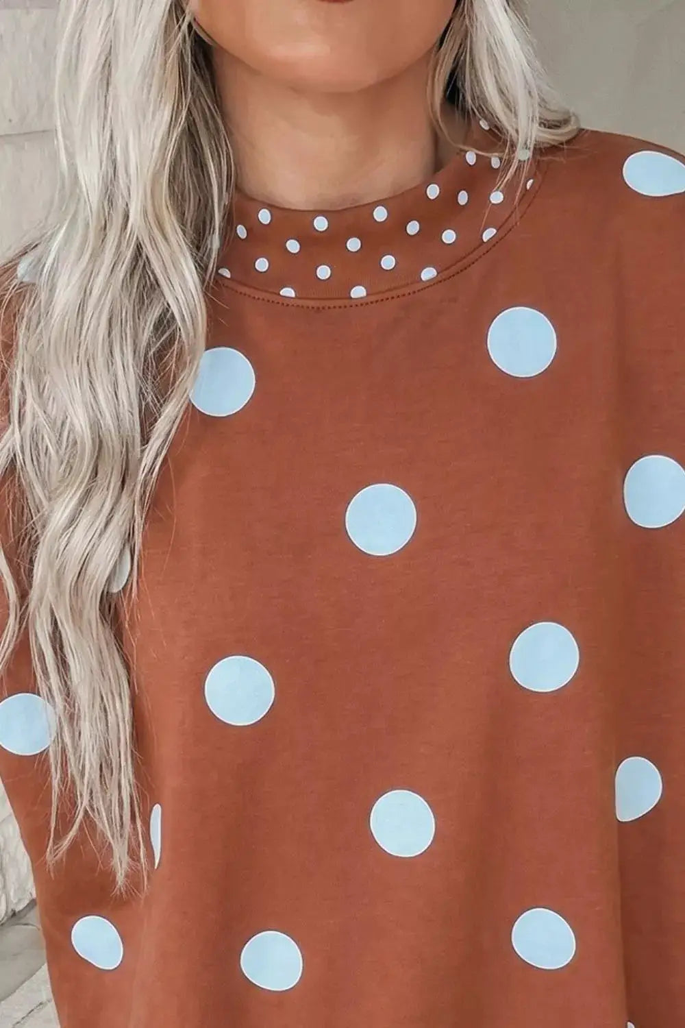Polka Dot Dropped Shoulder Sweatshirt by Trendsi in rust with light blue polka dots
