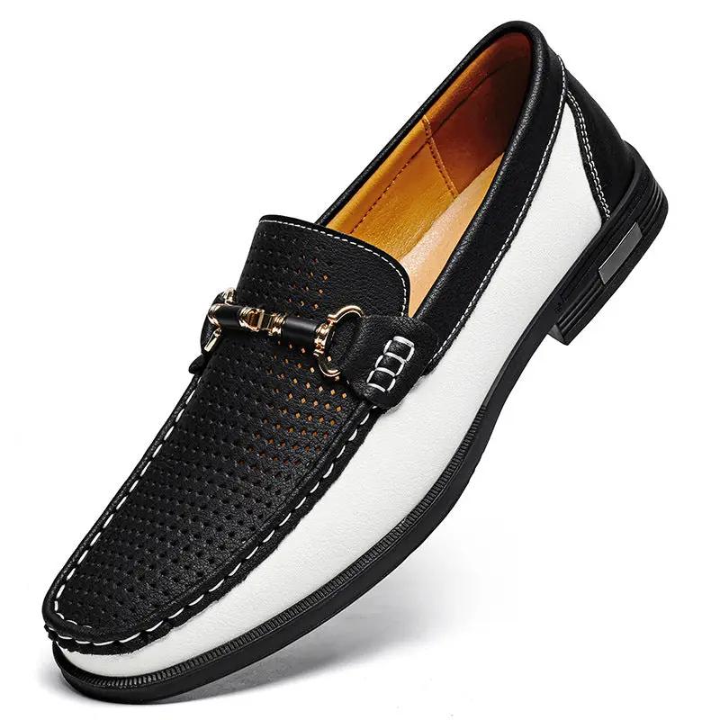 AdTec Meridian genuine leather moccasin slip-on loafer, black/white perforated upper with gold hardware