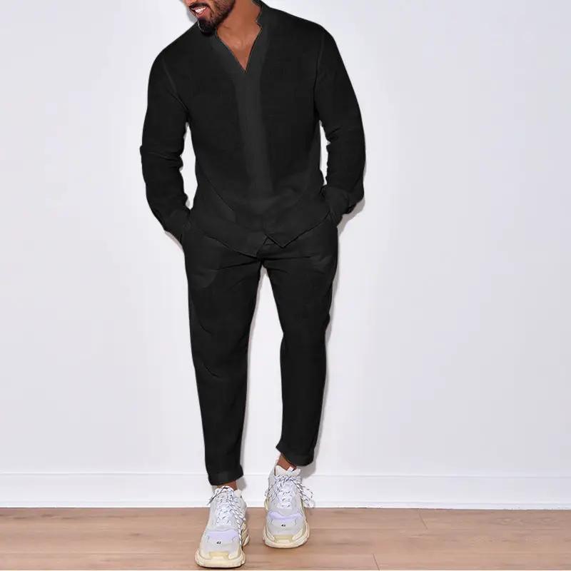 Men's Summer Linen Two Piece Casual Outfit With Pants, black linen fabric