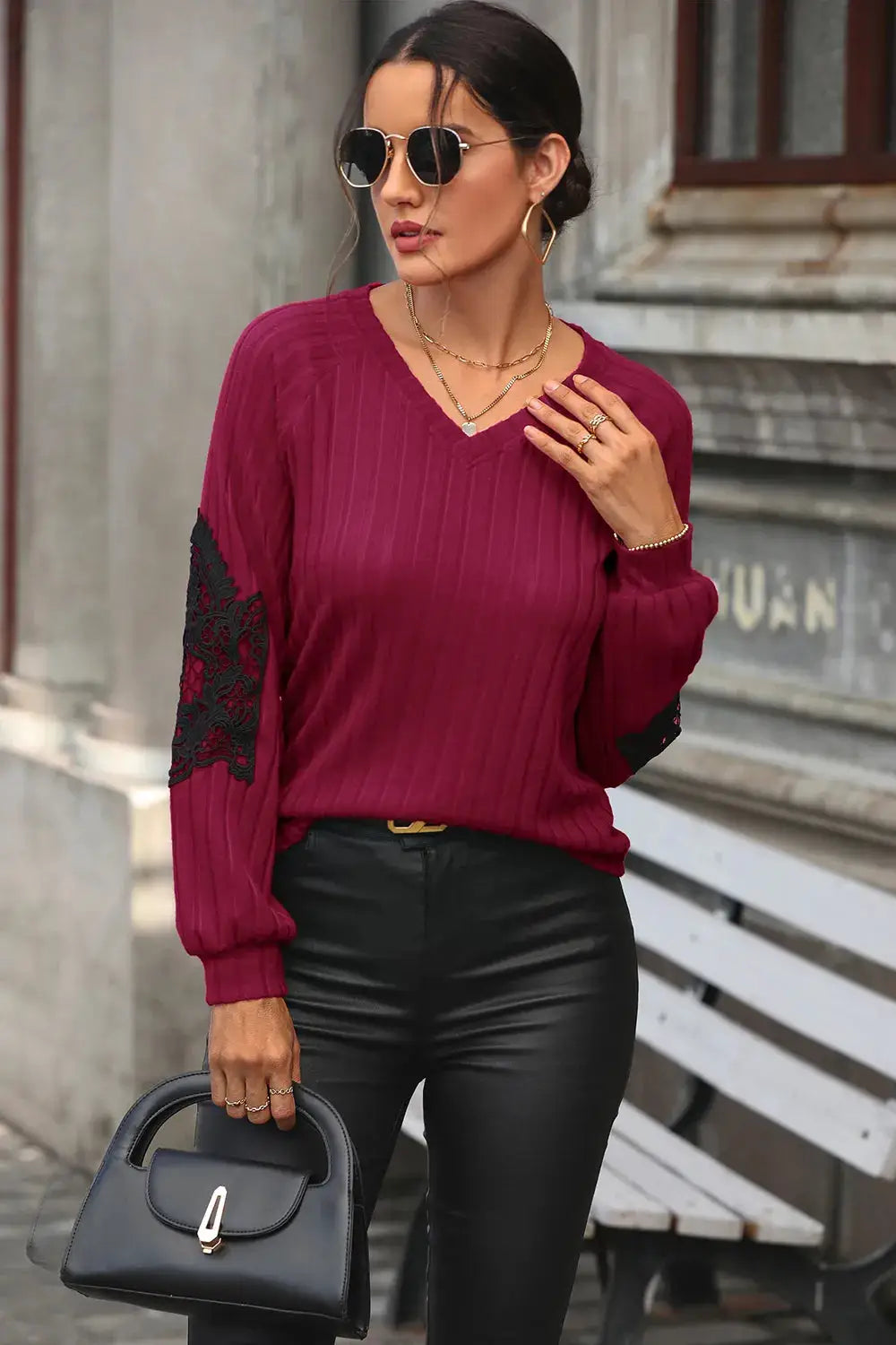 Perfee ribbed V-neck knit sweater in burgundy with black lace trim on sleeves