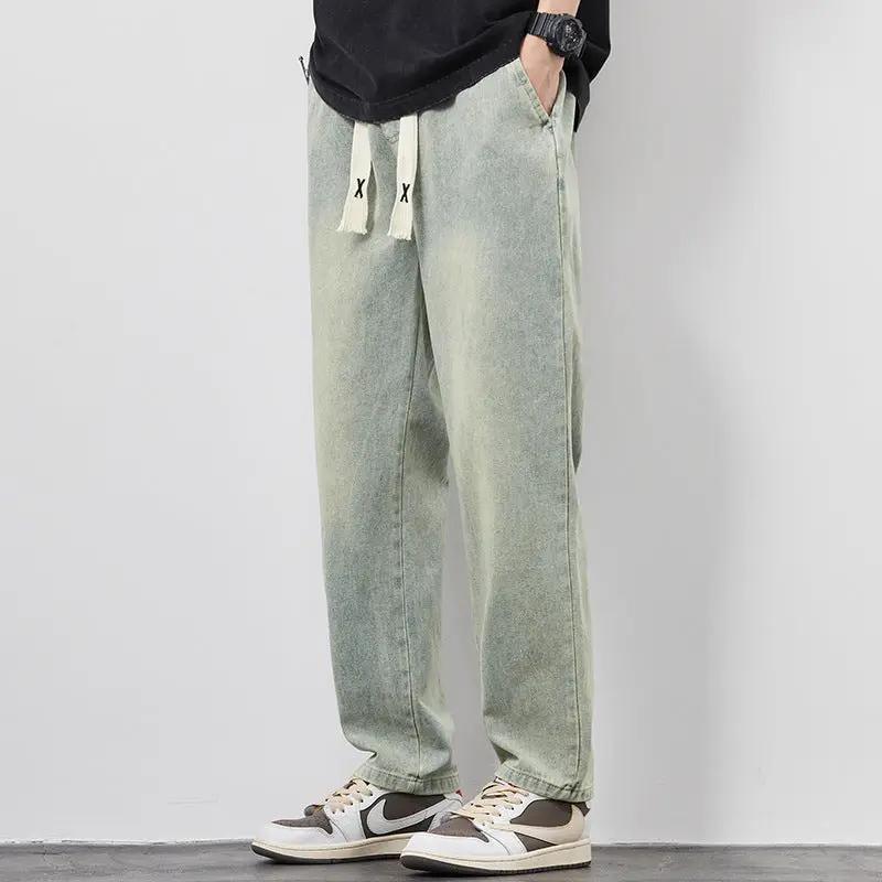 Men's summer loose wide-leg denim pants with drawstring waist, light wash AdTec
