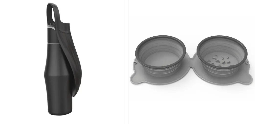 AdTec black portable dog water bottle with strap and leaf-design silicone dual-bowl set