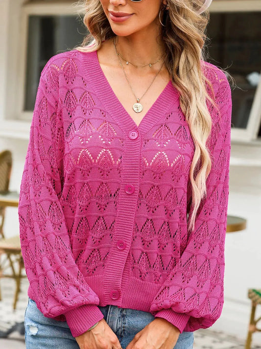 Pink button-front openwork cardigan with textured stretch detail