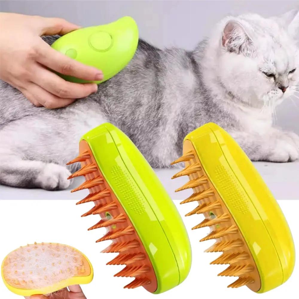 AdTec 3-in-1 cat grooming brush set; lime-green handles, orange bristles, with detachable scrubber pad.