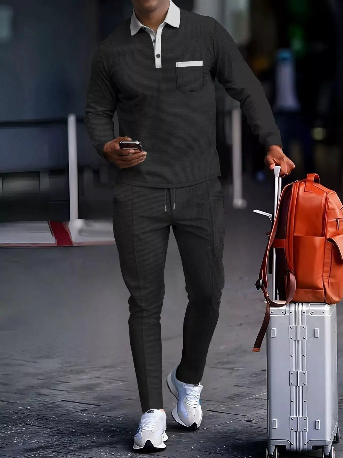 Mens long sleeve two-piece plus-size knit set in dark gray with white collar and pocket trim