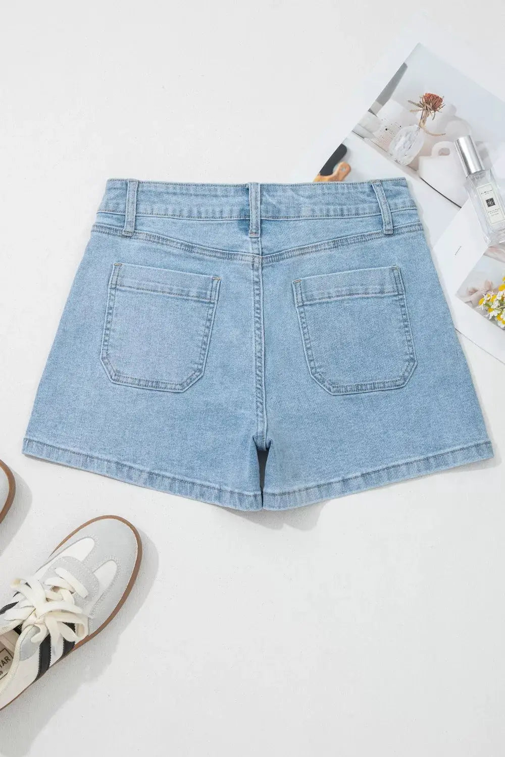 High Rise Patch Pocket Denim Shorts, light wash denim with back patch pockets
