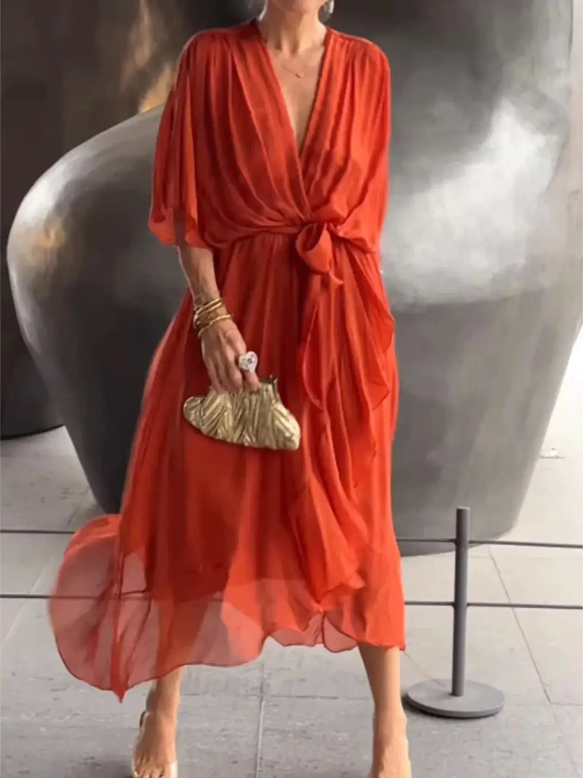 Full Size Flowy Tie Front Midi Dress with Flutter Sleeves Plus Size in orange red