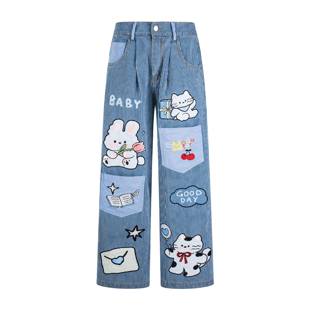 Cat Rabbit Embroidered Jeans, light blue striped denim with cartoon patches.