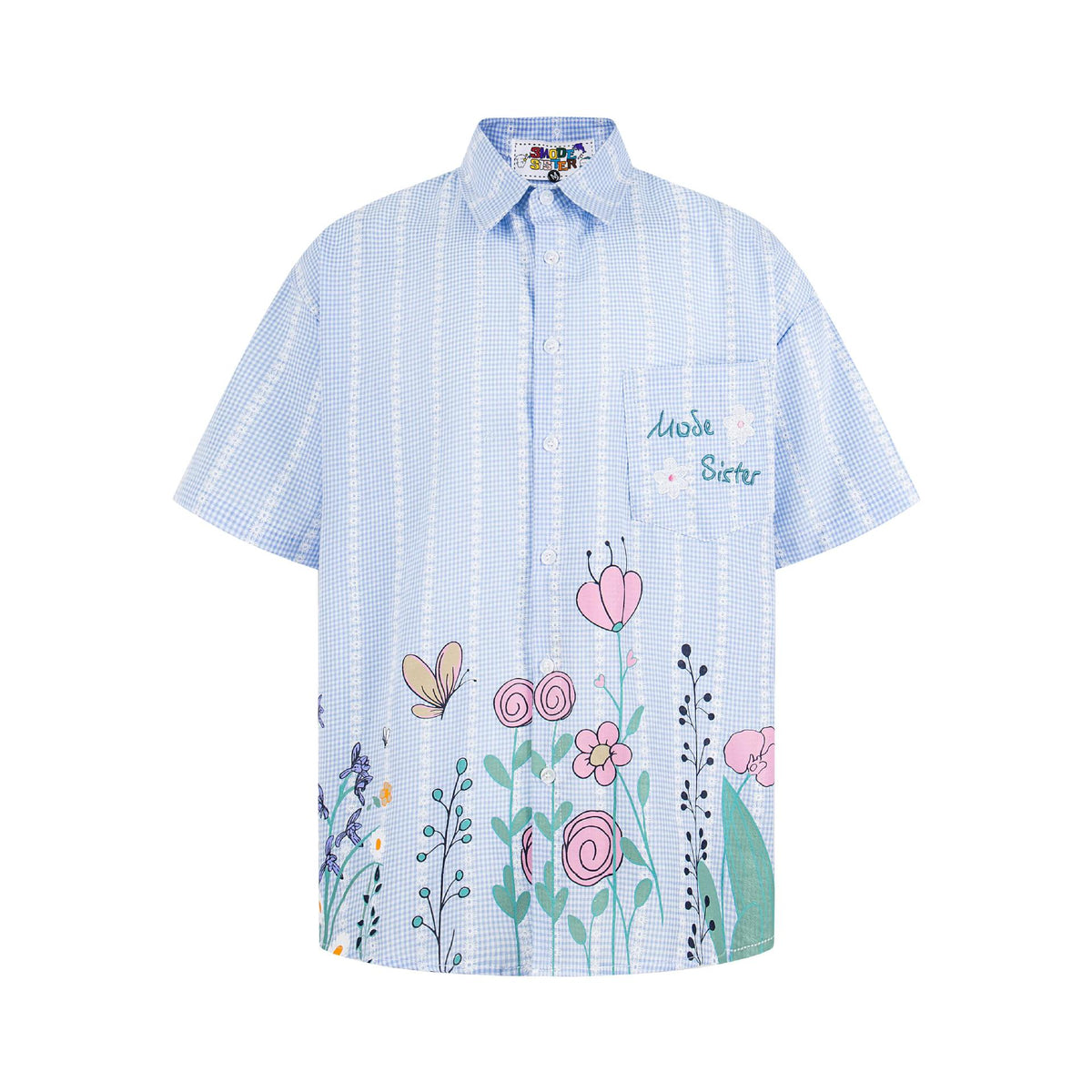 Flower graffiti checkered short-sleeve shirt in light blue with floral embroidery