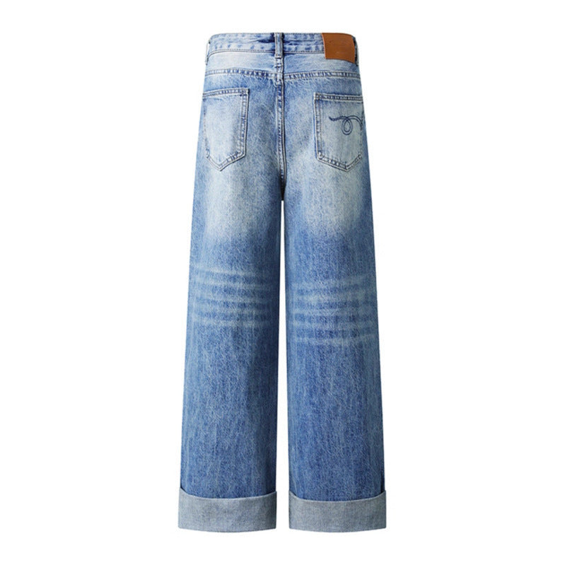 Blue washed denim jeans, wide-leg with rolled cuffs, eprolo.