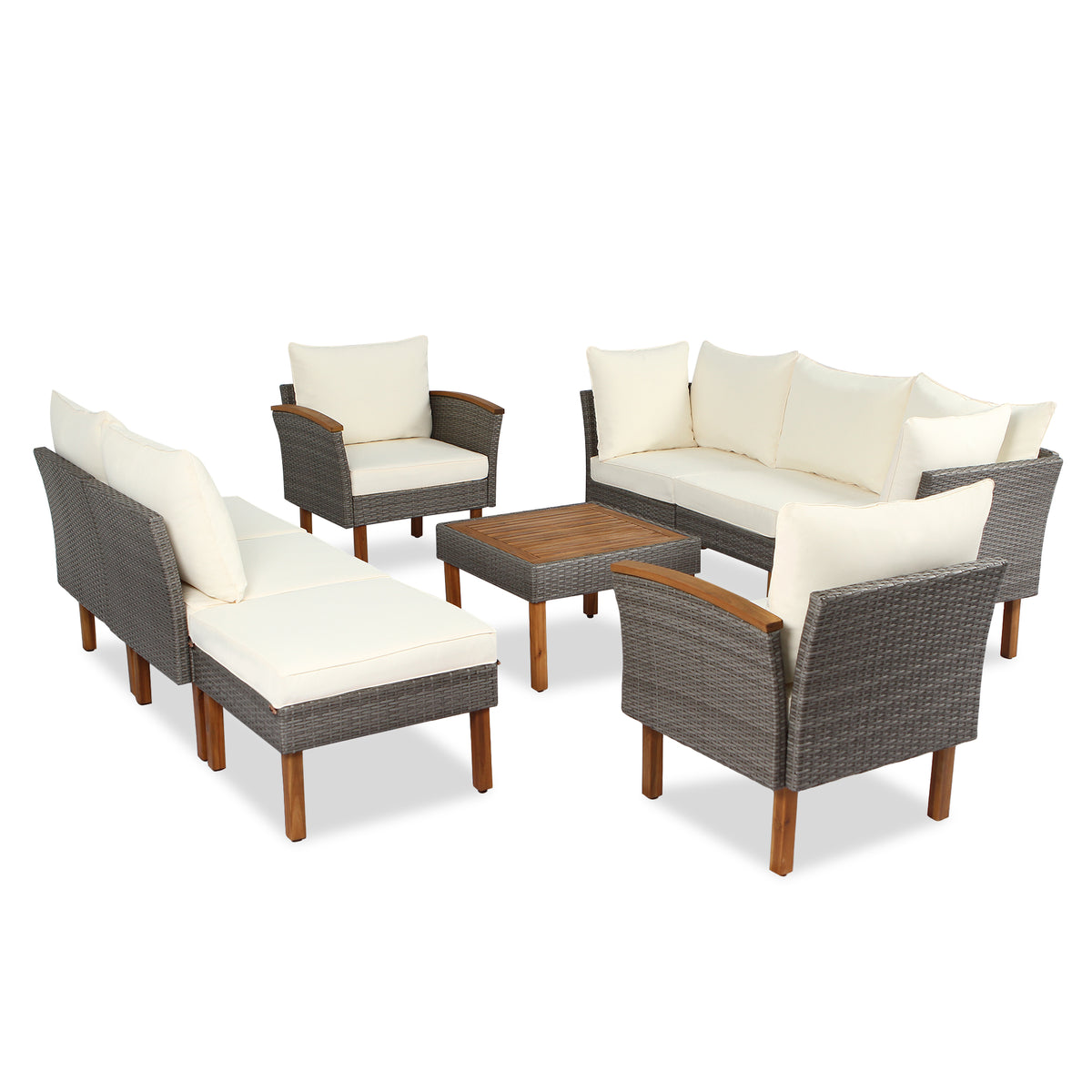 9-piece patio rattan furniture set with beige cushions, Acacia wood legs and tabletops, sofa and chairs by eprolo