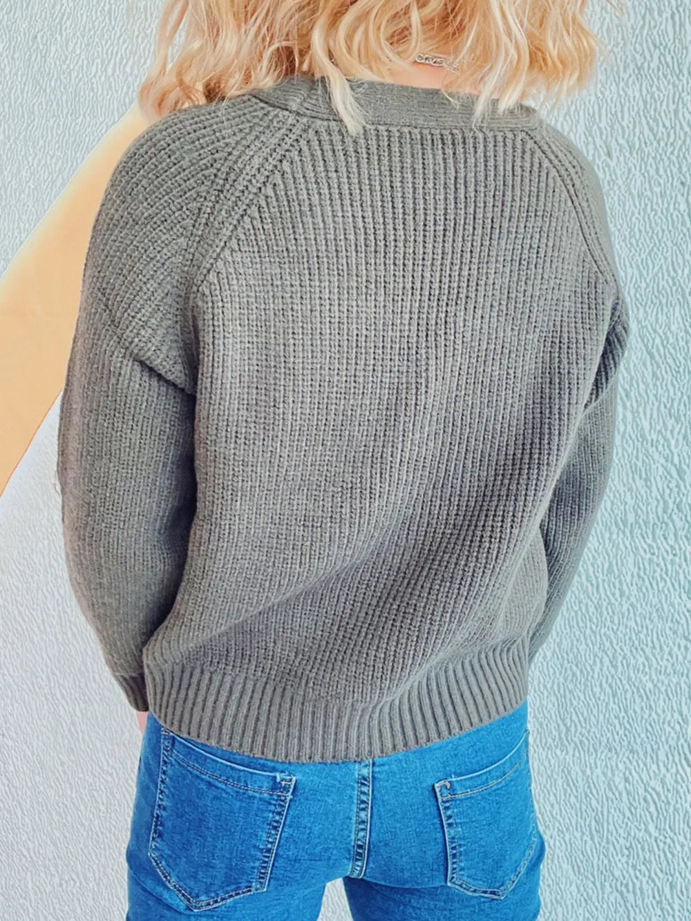 Soft cable knit cardigan in gray with button-front, long sleeves, Trendsi.