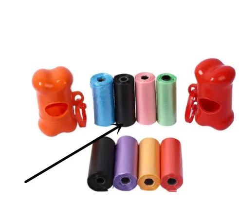 Dog poop bag rolls with bone-shaped dispensers in assorted colors (2 included).