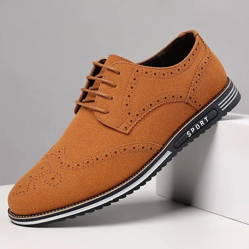 Shoes Harrington carved tan suede flats with perforated brogue details and distinct white sole.