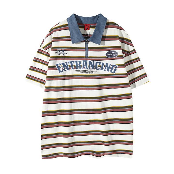 eprolo patchwork striped polo shirt with blue denim collar, short sleeves