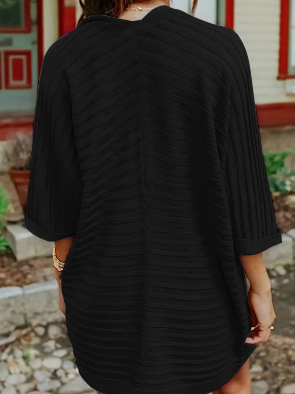 Cardigan by Trendsi: black striped open-front knit acrylic, relaxed stretchy layering.