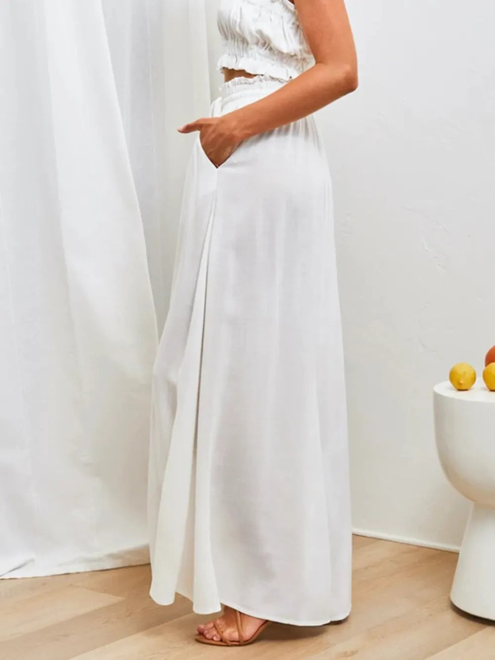 High waist wide-leg palazzo pants, white with pockets, Trendsi