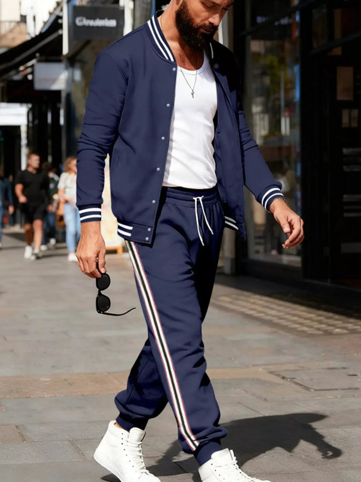 Mens Striped Snap Front Loungewear Set in navy with white stripes, drawstring waist and pockets