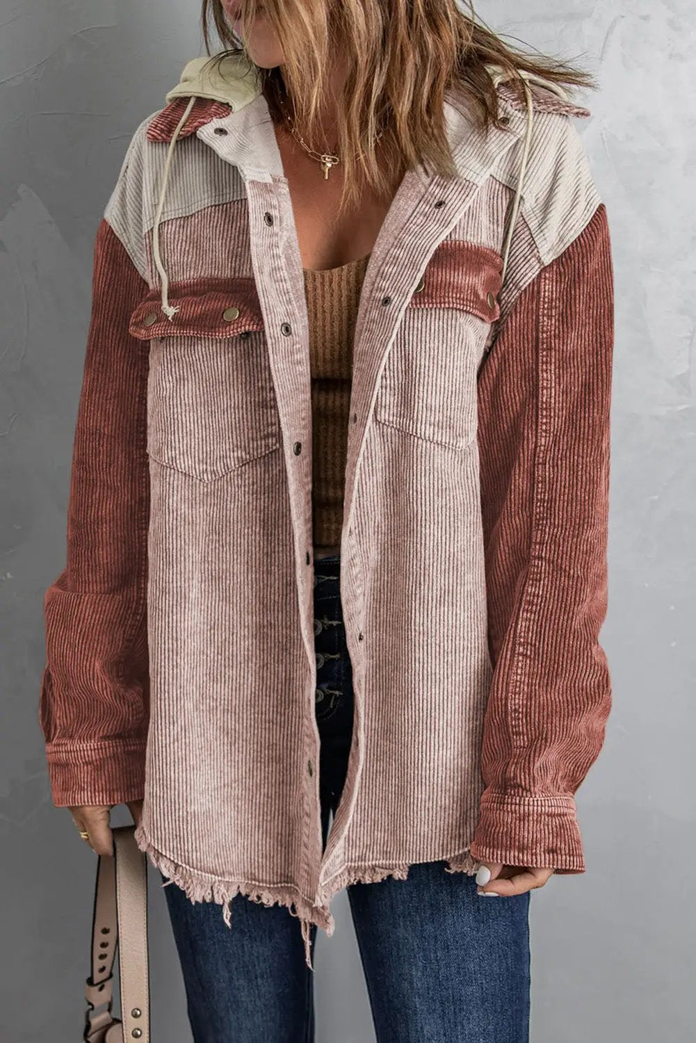 Trendsi snap-front hooded corduroy shacket in rose pink with rust sleeves, chest pockets, frayed hem.
