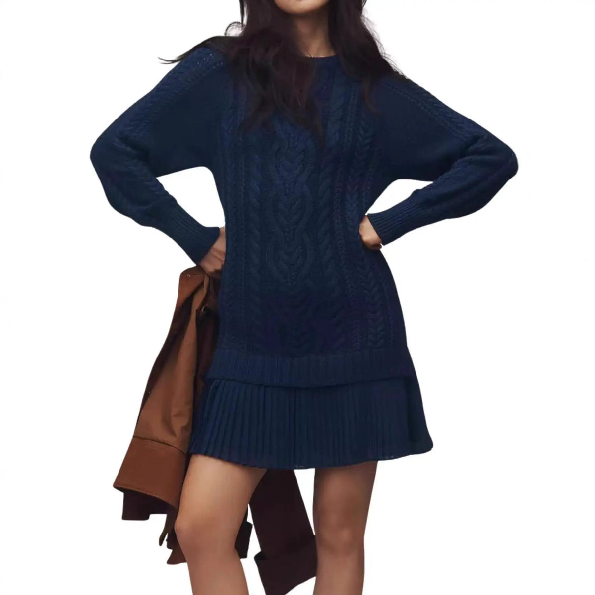 Women cable-knit sweater pullover in navy blue, relaxed fit by eprolo