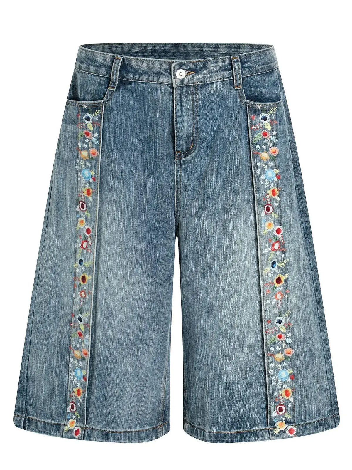 Men Floral Trim Wide Leg Denim Shorts by Trendsi, blue denim with colorful embroidered side trim