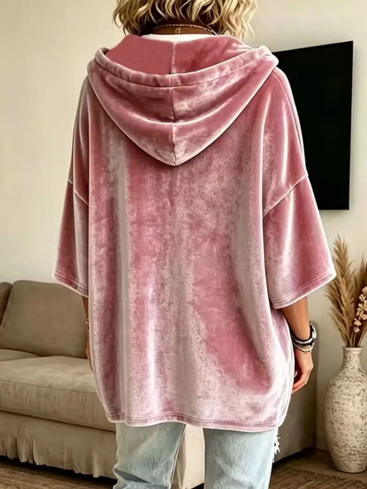Velvet Loose-Fit Hoodie with Drawstring, pink mauve color, back view.