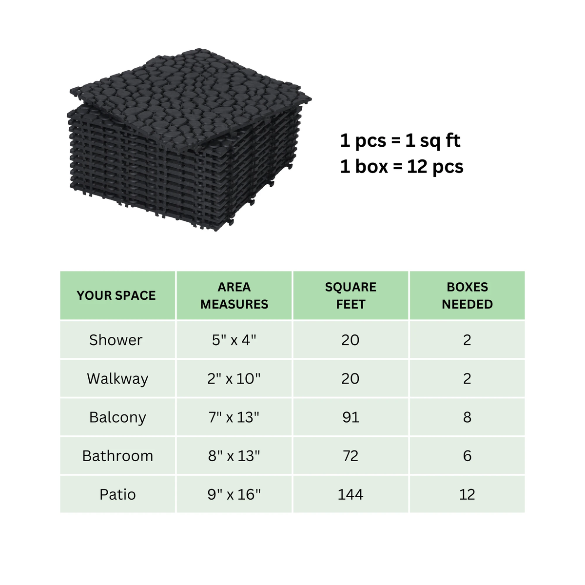 12 x 12 inch black interlocking deck tiles, plastic waterproofing, pebble pattern, pack of 12 by eprolo