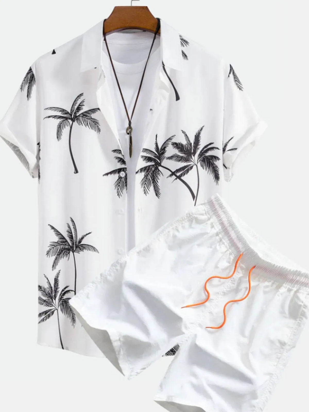Men's palm tree print short-sleeve shirt and matching shorts set, plus size, lightweight white fabric, button-front.