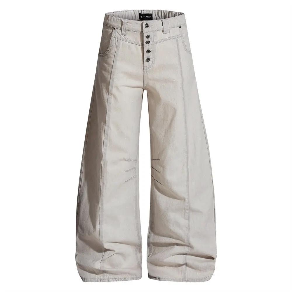 Straight Cut Denim Floor Pants by eprolo in light beige denim with elongating drape