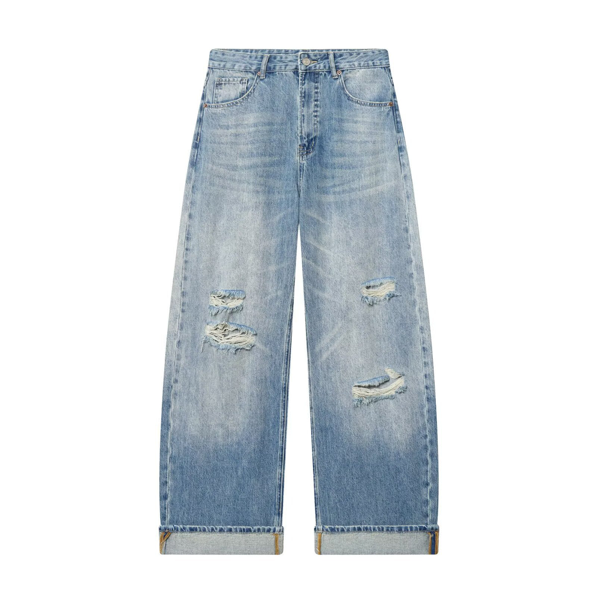 Broken-hole decorative rolled-edge loose jeans by eprolo in light blue polyester with distressed knees and rolled cuffs