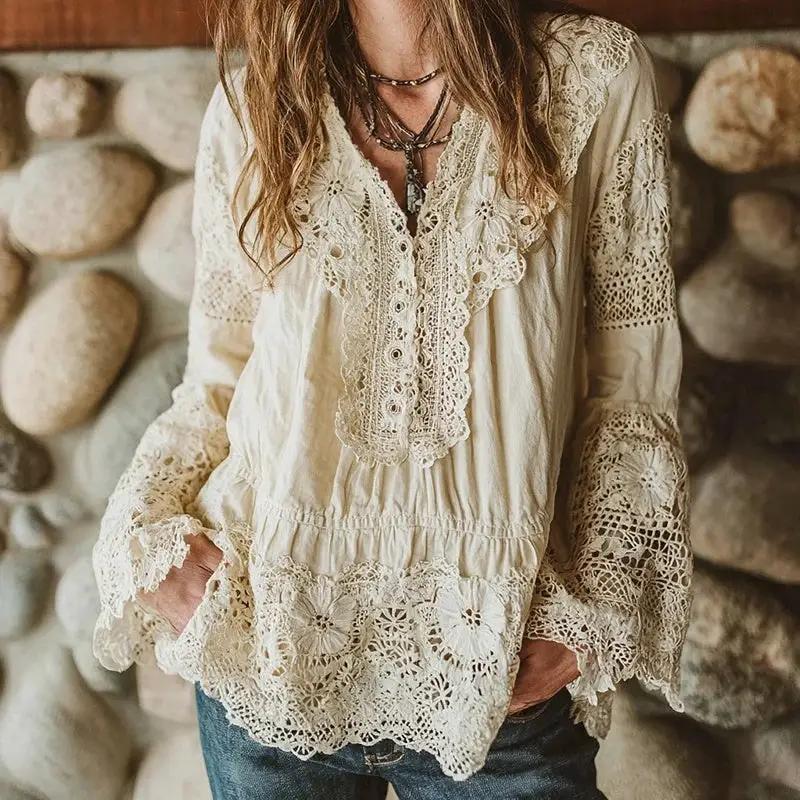 Hooded Women's 3D Printed Hoodie in cream with lace crochet trim and flared sleeves