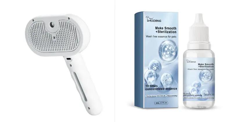 Two pet care items: a white handheld grooming brush and a sterilization spray bottle with its box.