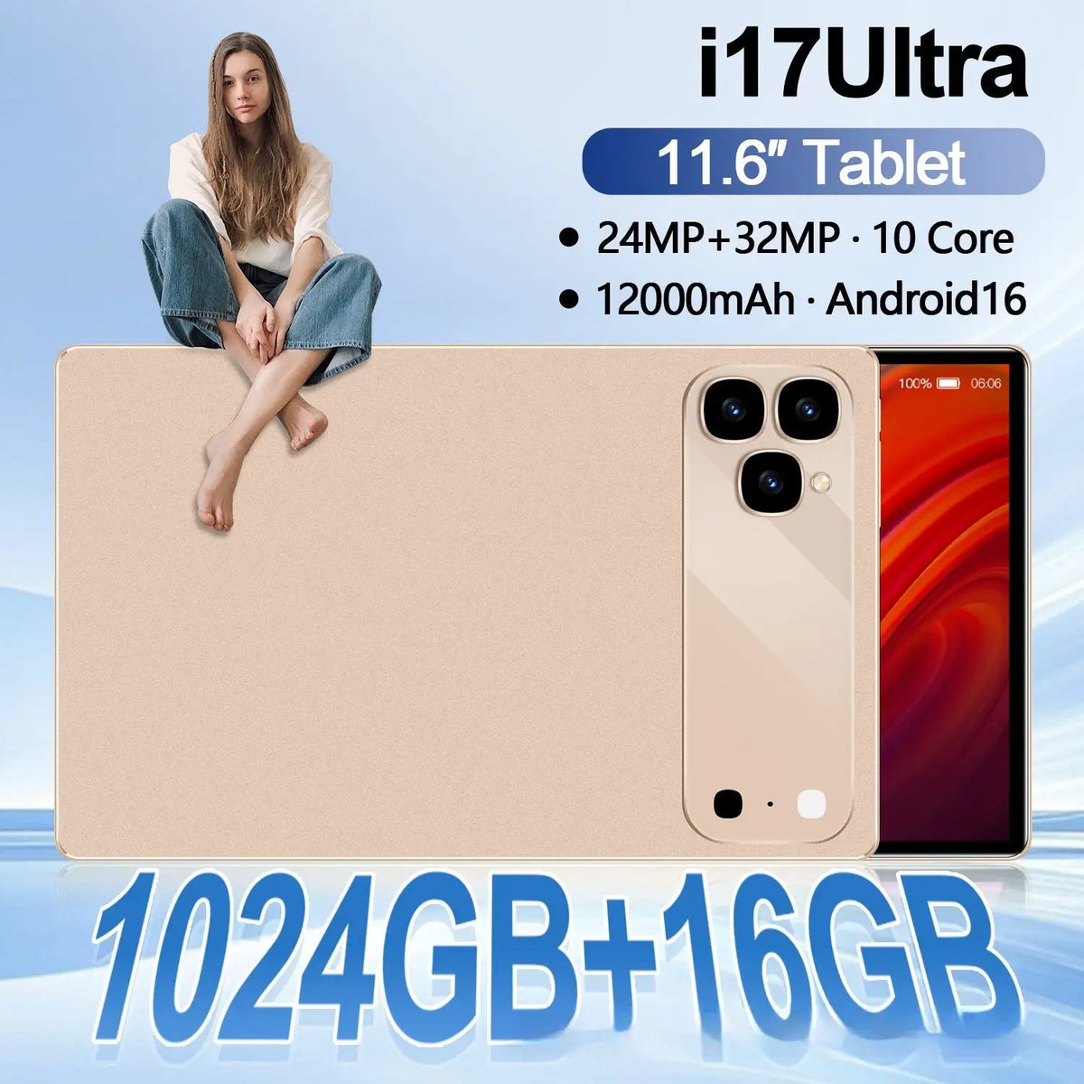 i17Ultra 11.6" Tablet, gold color, 24MP+32MP cameras, 12000mAh battery