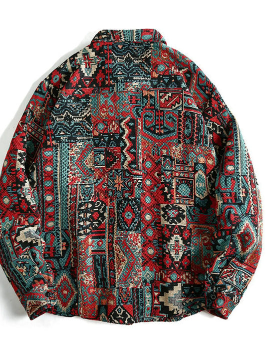 Men's geometric button-up shacket with red, teal and black patchwork print