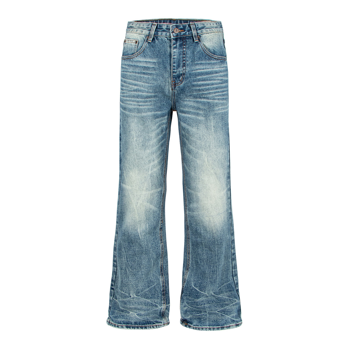 Retro Distressed Cat-Whisker Bamboo-Stripe Flared Jeans by eprolo in light-wash denim