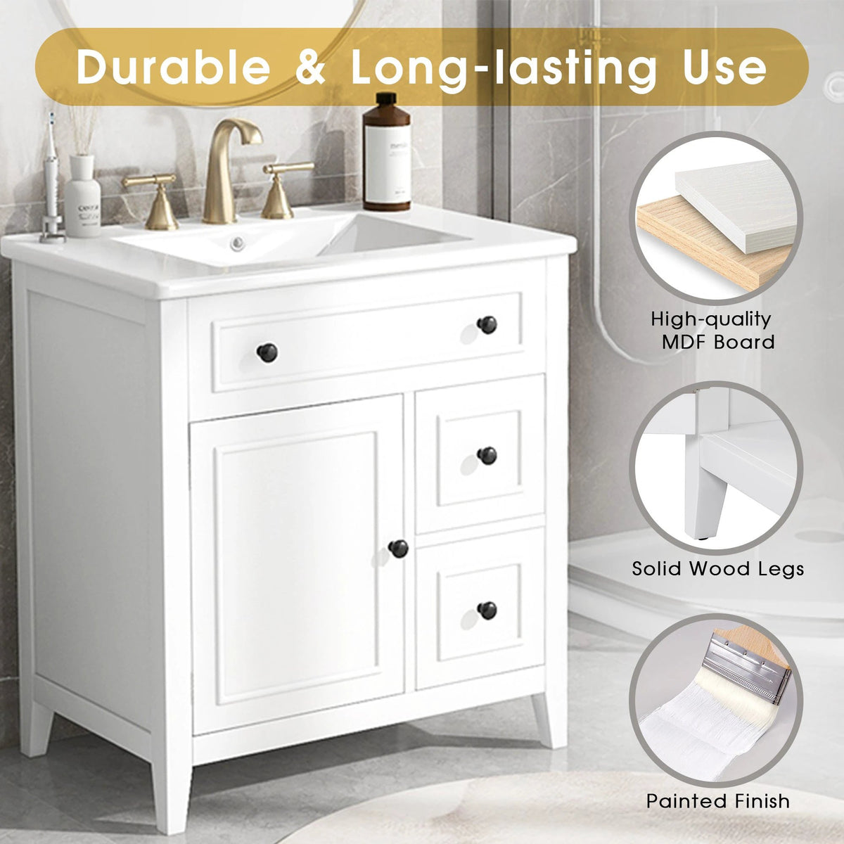 30" Bathroom Vanity with Sink Top, Bathroom Vanity Cabinet with Door and Two Drawers, Solid Wood Frame, One Package, White by eprolo
