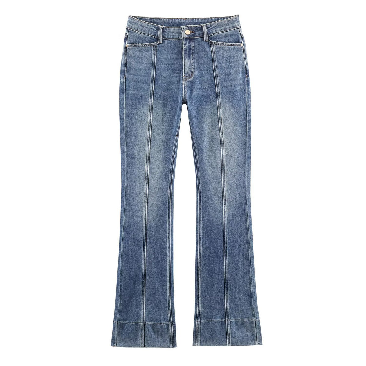 Mid waist flared jeans for women in blue denim with contrast stitching