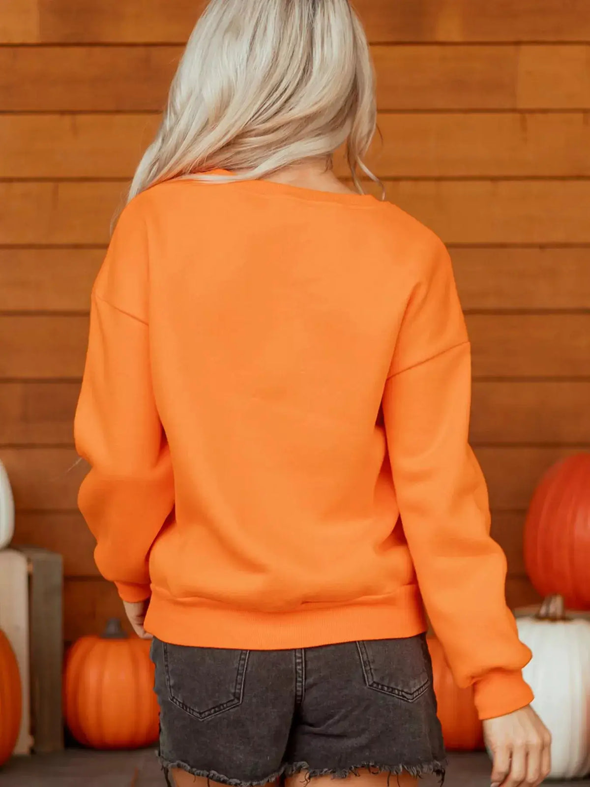 Dancing Critters Sequin Halloween Crewneck Sweatshirt, orange, back view on model