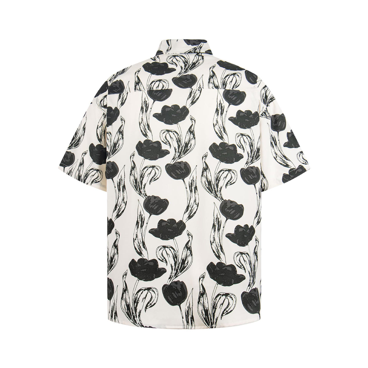 Floral printed short-sleeve shirt by eprolo, white with black floral pattern, streetwear style