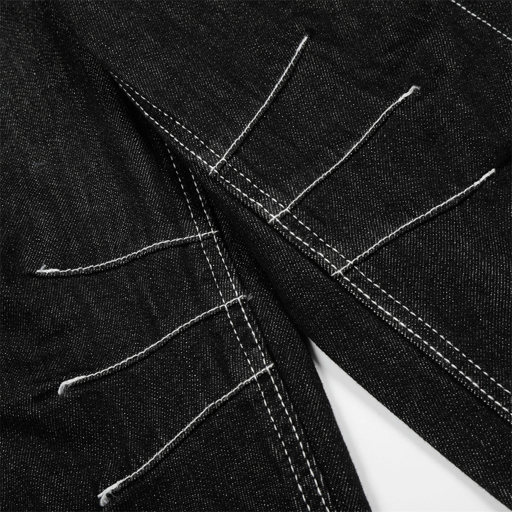 eprolo black denim jeans with white contrast stitching on pockets, straight-leg workwear style