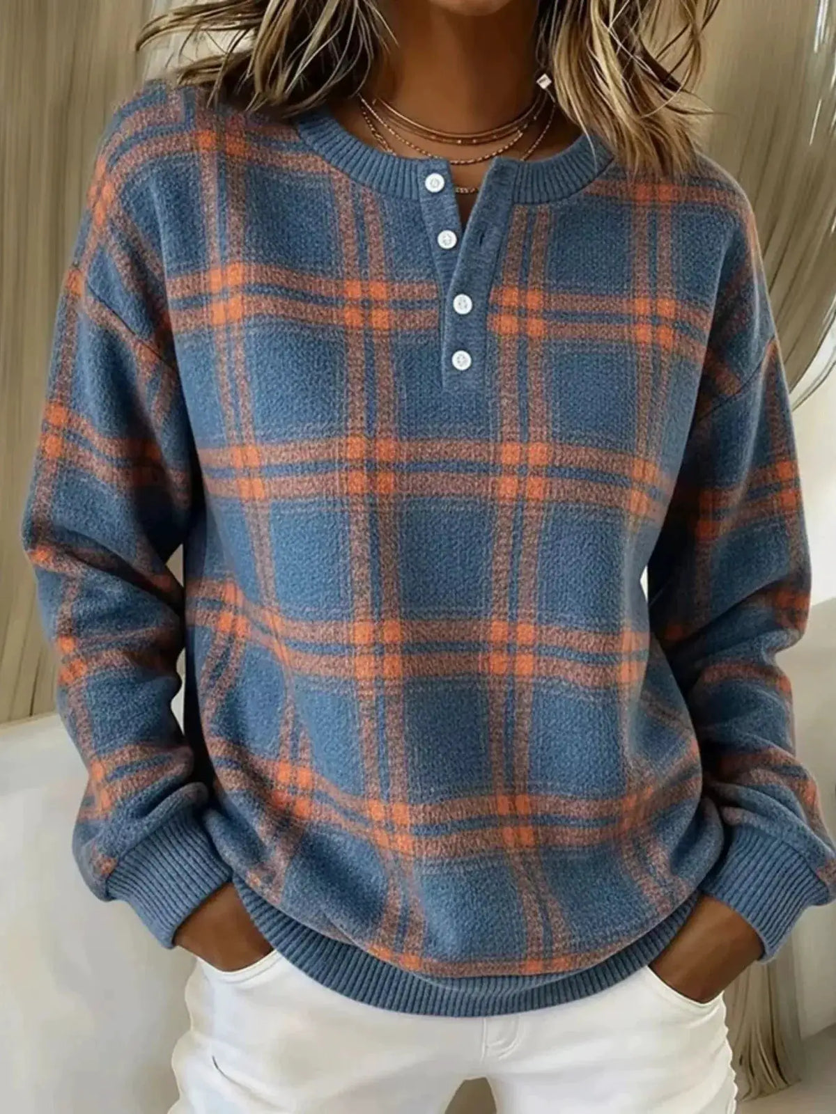 Women’s plus-size long-sleeve plaid button-front sweatshirt in blue and orange