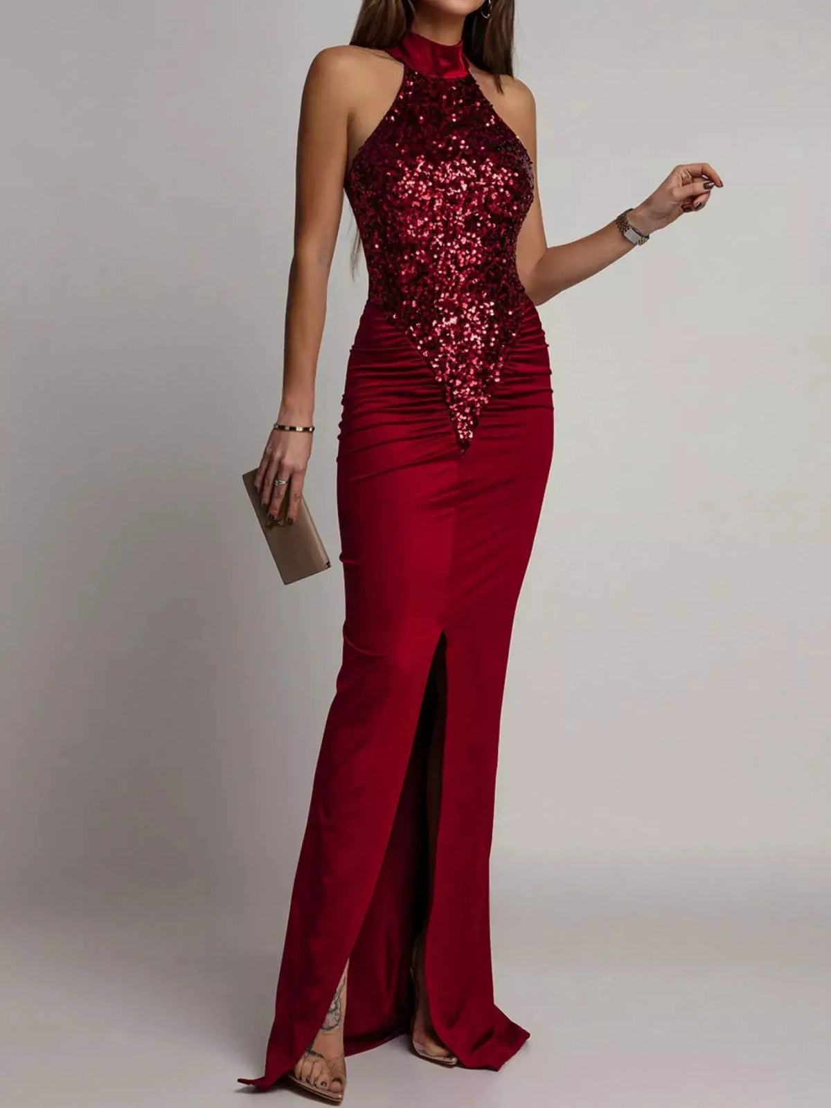 Sequin high-slit sleeveless maxi dress in red by Trendsi